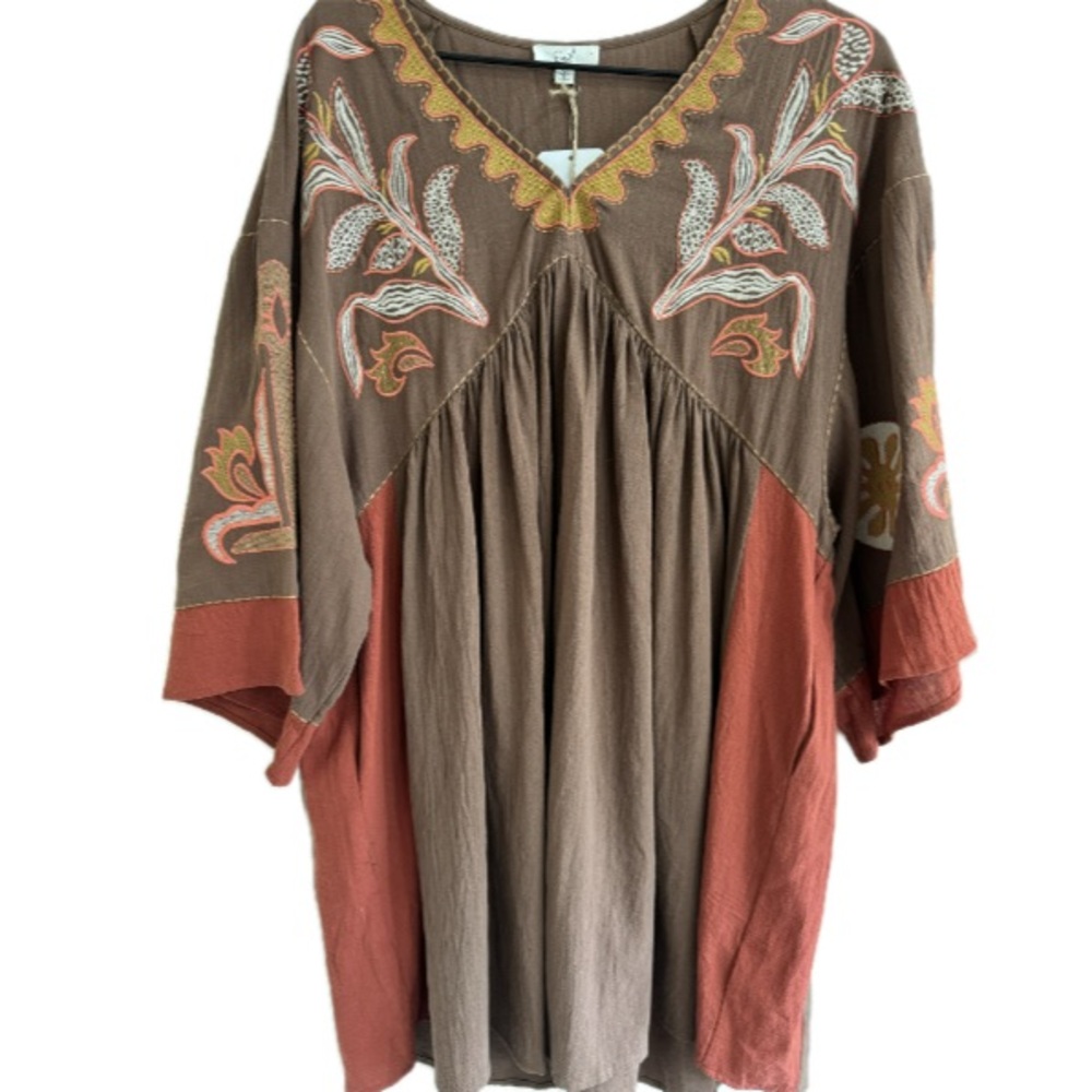 Easel Los Angeles Embroidered Boho Tunic Dress Mocha Brown Festival NWT S - Picture 2 of 8